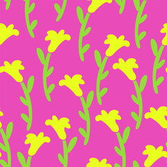 Fototapeta na wymiar seamless pattern with plants and flowers in flat style in vector. template for background, wallpaper, wrapping, fabric, print