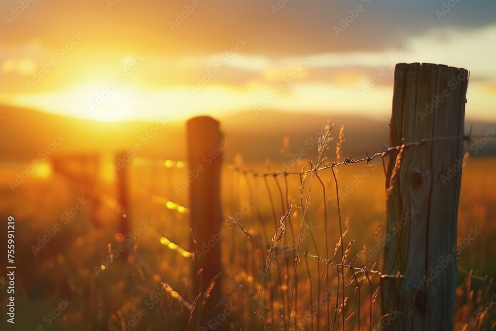 Poster beautiful sunset behind a rustic fence in a field. ideal for nature and rural themes.