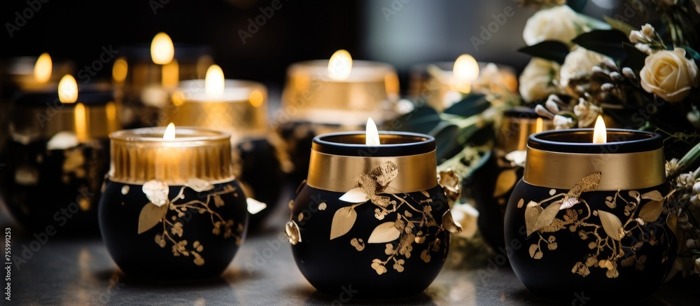Poster a collection of black and gold candles are elegantly displayed on a table as part of the tableware f