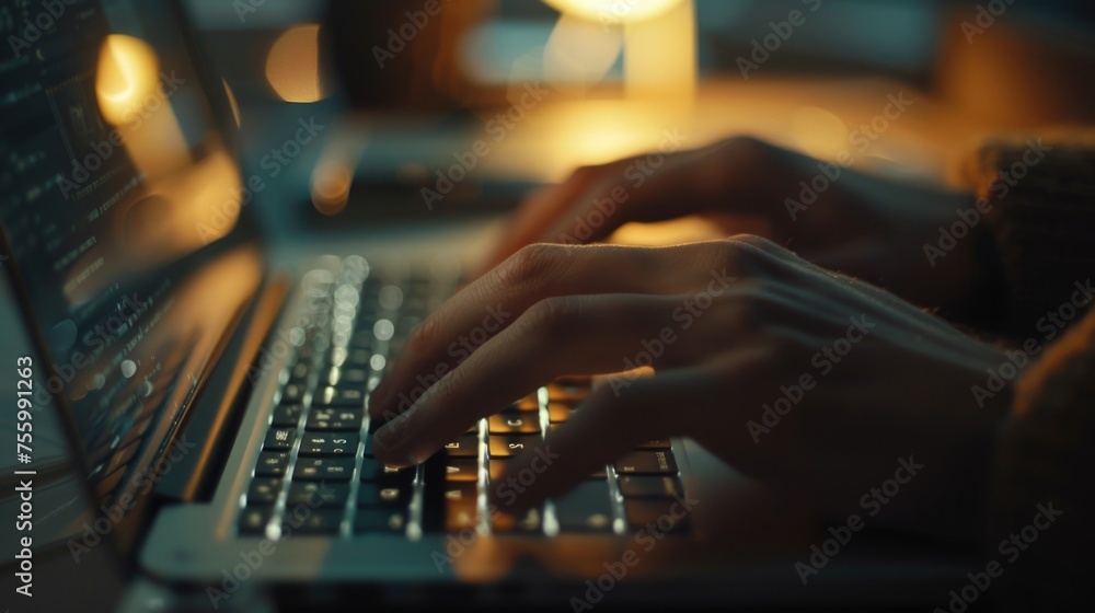 Poster close up of a person typing on a laptop, suitable for technology concepts.