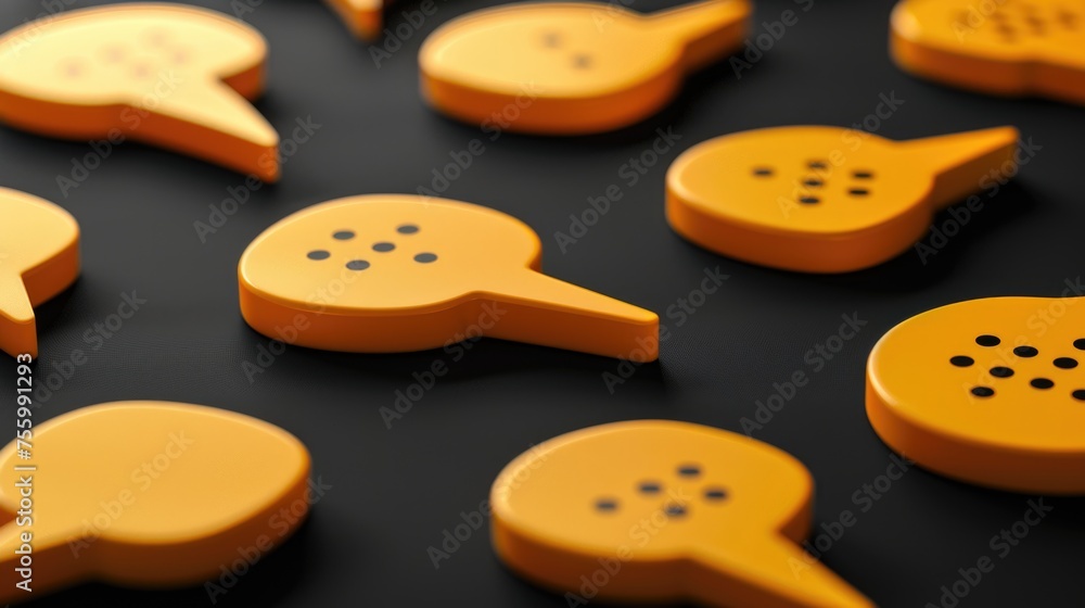 Poster orange plastic speech bubbles on a black surface. suitable for communication concepts.