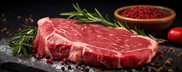 Raw beef steak on dark background with salt pepper and herbs