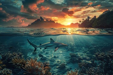 beautiful seaview waterline waves in a shallow and sharks swimming by corals - obrazy, fototapety, plakaty