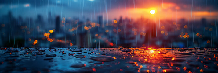 Raindrops on surface with cityscape background at sunset, merging natural beauty and urban life in a vibrant, reflective moment.