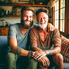 Adult hipster son fun hugging old senior father at - obrazy, fototapety, plakaty
