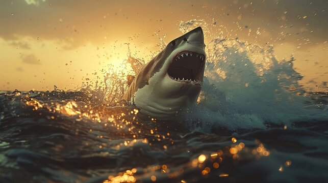 A plus four meter great white shark jumping out of the water with an open mouth full of teeth