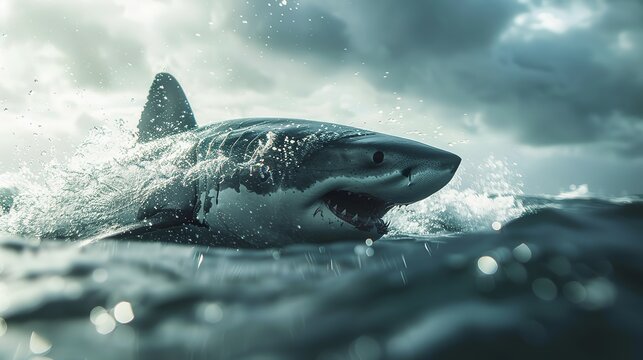 A plus four meter great white shark jumping out of the water with an open mouth full of teeth