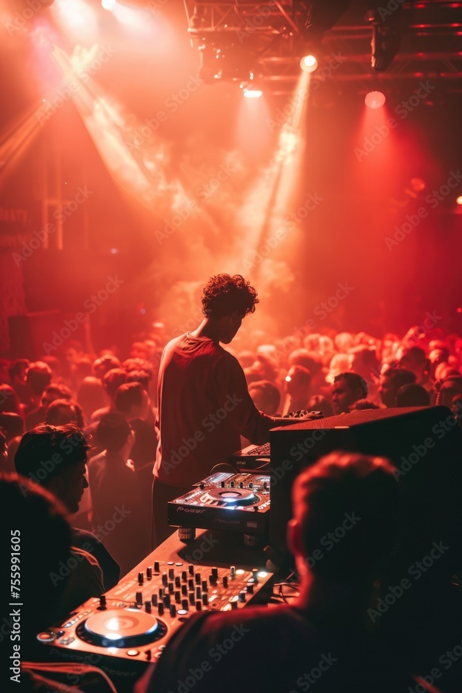 Poster a dj entertaining a large crowd. suitable for events and music-related projects.