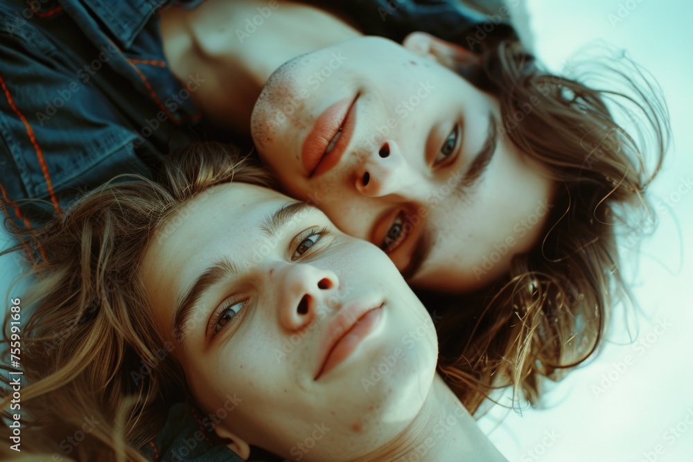 Poster a man and a woman laying on top of each other. suitable for relationship and intimacy concepts.