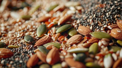 A variety of nuts and seeds displayed on a table. Ideal for health and nutrition concepts.
