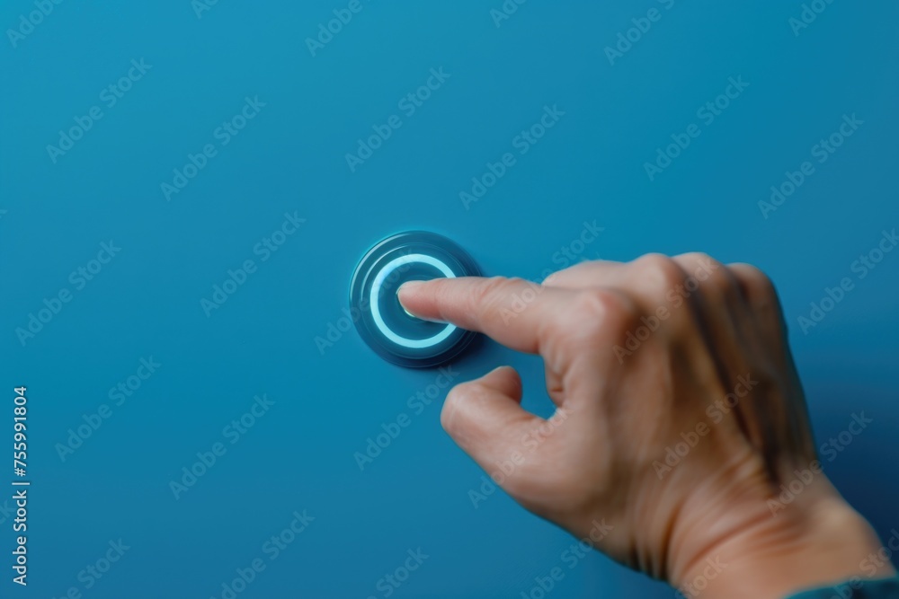 Poster person pressing button on blue background. suitable for technology concepts.