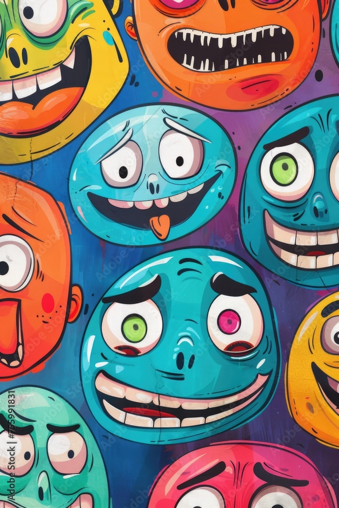 Poster vibrant faces in various colors on a blue backdrop. ideal for diverse concepts and designs.