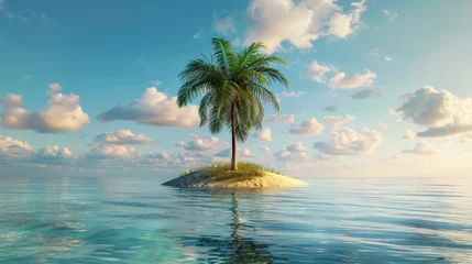 Fototapeten A serene island with a single palm tree in the middle of the ocean. Ideal for travel brochures. © Fotograf