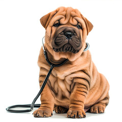 Cute Shar Pei puppy dog with stethoscope on his neck as veterinarian isolated on white background with copy space. Pet at a veterinarian's appointment at veterinary clinic. The concept of pet care.