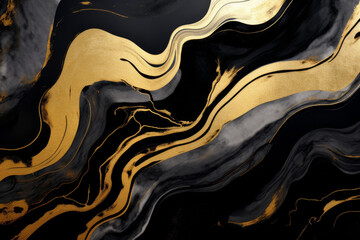 Black and gold marble texture,  fluid art,  alcohol ink, decorative abstract pattern. Black wavy swirls with golden seams. Decorative illustration