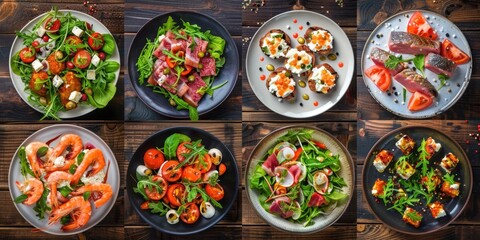 Various plates of food on a table, suitable for food and dining concepts.
