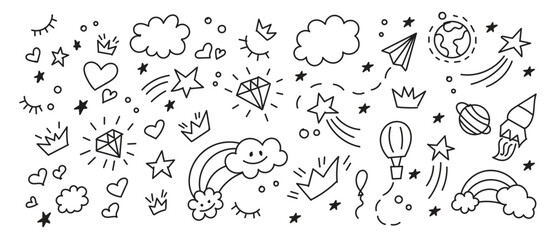 Set of doodle sketch pattern. Vector background for little prince and princess. Cute girlish and boyish crown hand drawn illustration. Trendy baby fabric, kid wallpaper.  - obrazy, fototapety, plakaty