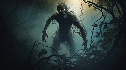 A creepy forest park is transformed into a nightmare landscape as zombies wander aimlessly - obrazy, fototapety, plakaty
