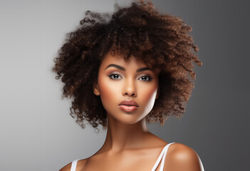 Beautiful young woman, cosmetology, clean skin, beauty Spa Woman with perfect skin Portrait. Beautiful afro, offer a product. Facial care. Beige background