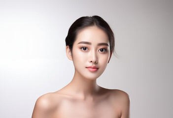Beautiful young asian woman, cosmetology, clean skin, beauty Spa Woman with perfect skin Portrait. Beautiful asian woman, offer a product. Facial care. Beige background