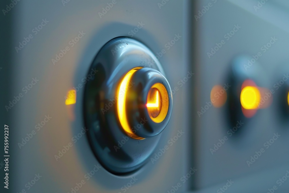 Poster a detailed shot of a light switch on a wall. perfect for illustrating concepts of electricity or hom