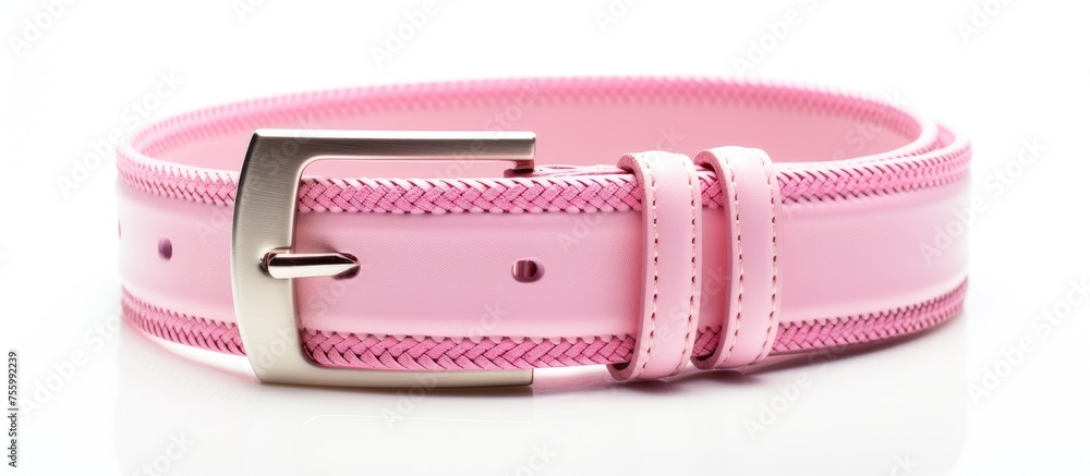 Canvas Prints A magenta leather belt with a silver rectangle buckle on a white background, perfect to pair with beige bag, pink eyewear, and jewellery