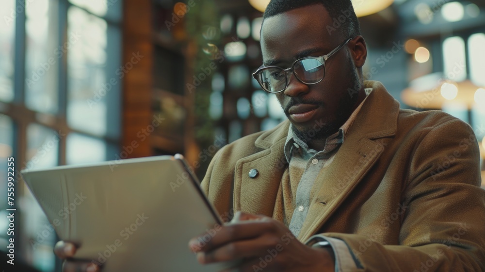 Poster a man in glasses looking at a tablet. suitable for technology concepts.
