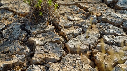 A small plant emerging from a crack in the ground. Suitable for environmental concepts.