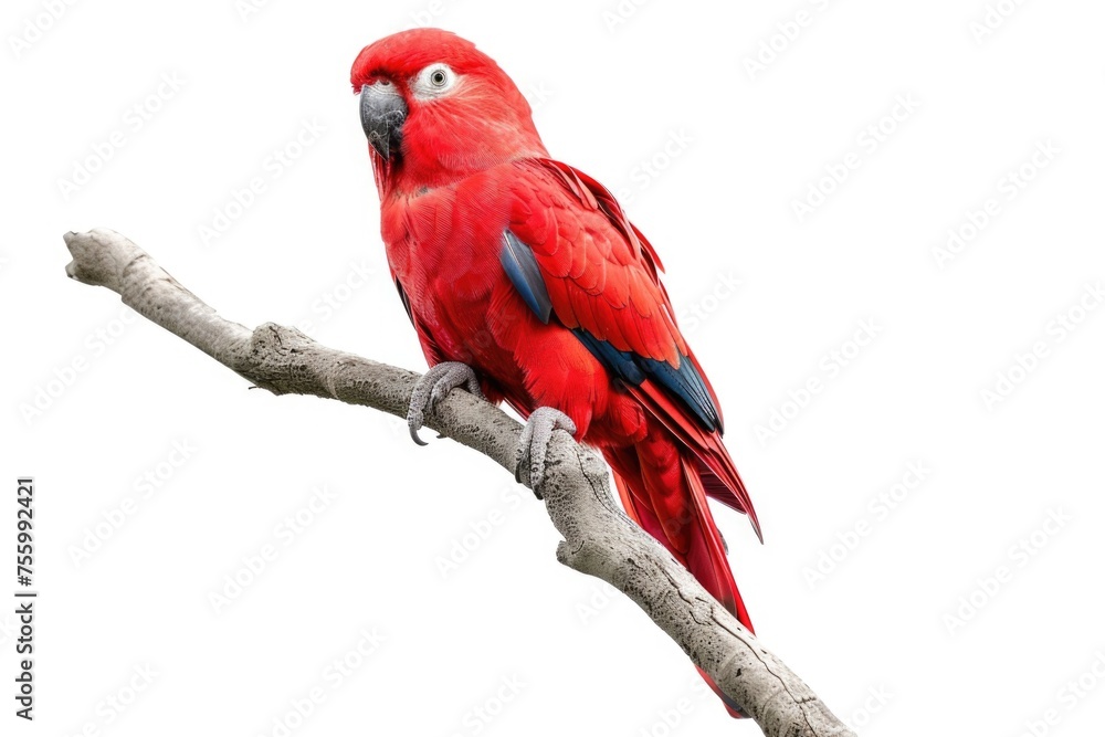 Poster a vibrant red parrot perched on a tree branch. ideal for nature and wildlife themes.