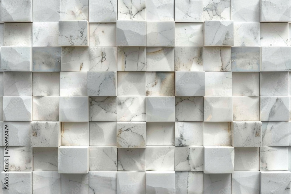 Poster detailed view of a white marble block wall, suitable for architectural projects.