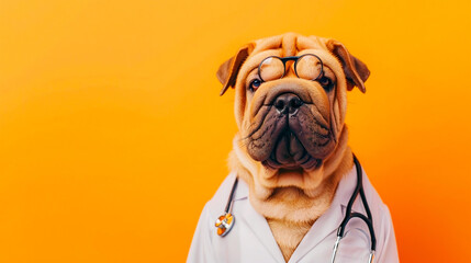 World Veterinary Day. Sharpie dog with a stethoscope and glasses dressed as a vet isolated on yellow background with place for text. A cute dog at a veterinary clinic. The concept of pet care. - obrazy, fototapety, plakaty