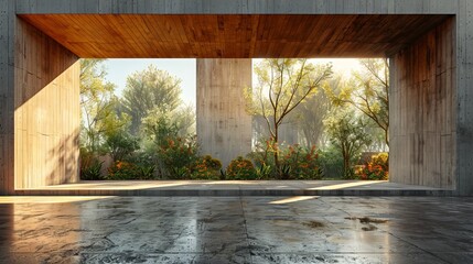 An empty concrete floor with cement structure and wooden wall building exterior in perspective. Mixed media rendering.