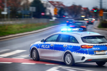 Radiowóz polskiej policji na sygnałach alarmowo szybko jedzie przez miasto na interwencję.
