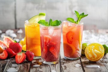Three glasses filled with fruit and ice on a wooden table. Suitable for summer drink concept.