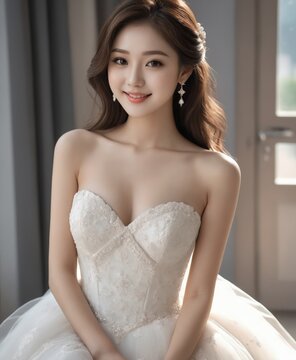 asian woman in a wedding dress posing for a picture 