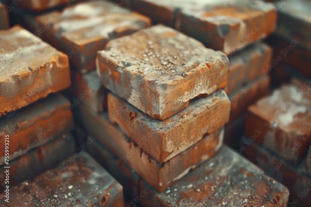 Poster A pile of bricks stacked on top of each other. Suitable for construction or building concepts.