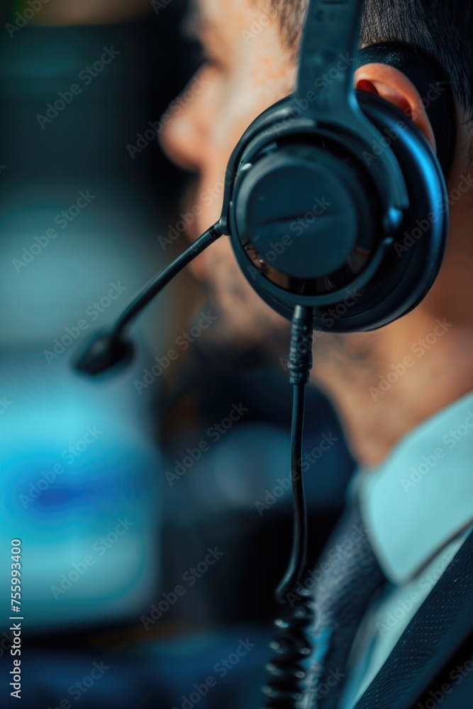 Poster a man wearing a headset with a microphone. suitable for business or communication concepts.