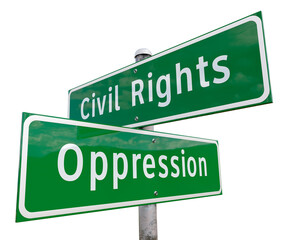 Civil Rights, Oppression 2 Way Green Road Sign. Transparent PNG.