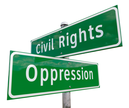 Civil Rights, Oppression 2 Way Green Road Sign. Transparent PNG.