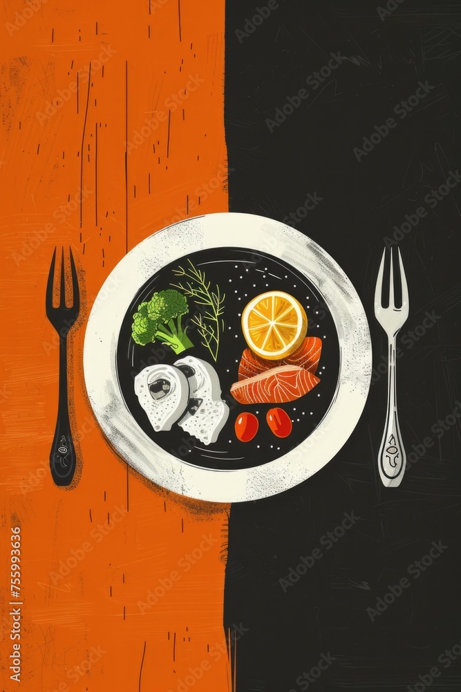 Poster a painting of a plate of food with a fork and knife. suitable for food and dining concepts.