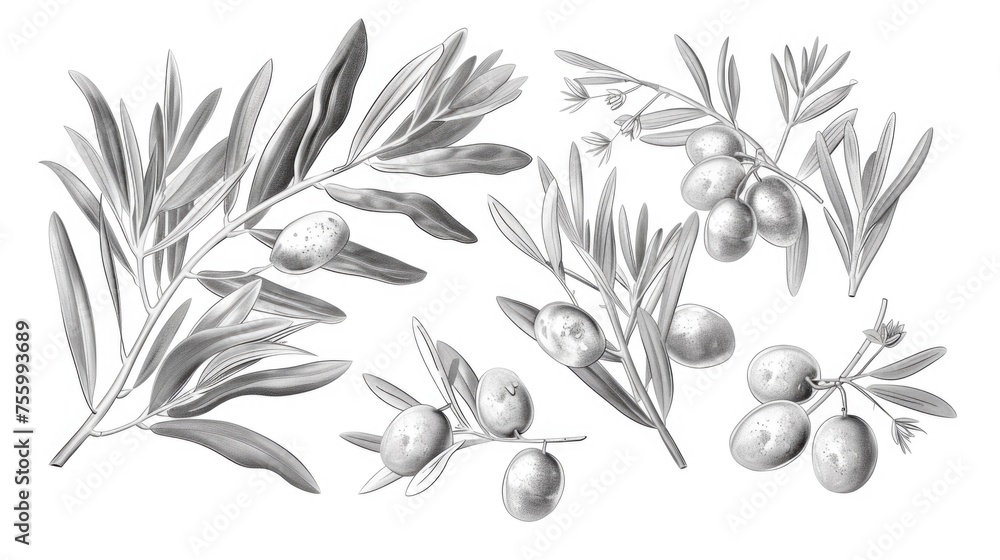 Poster drawing of olives and leaves on a branch. suitable for nature and food concepts.
