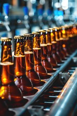 Line of beer bottles on a moving conveyor belt. Perfect for brewery or manufacturing concepts. - obrazy, fototapety, plakaty