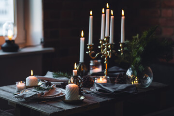Rustic Scandinavian style zero waste eco-friendly dinner table decor for Christmas or new year...