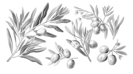 Drawing of olives and leaves on a branch. Suitable for nature and food concepts. - obrazy, fototapety, plakaty
