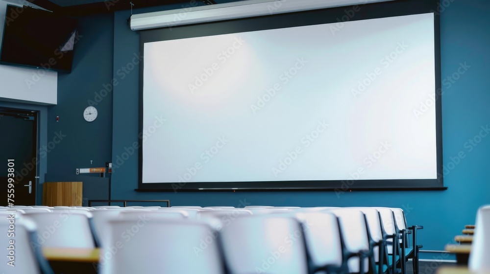 Poster A room with a projector screen and rows of chairs. Ideal for presentations or conferences.