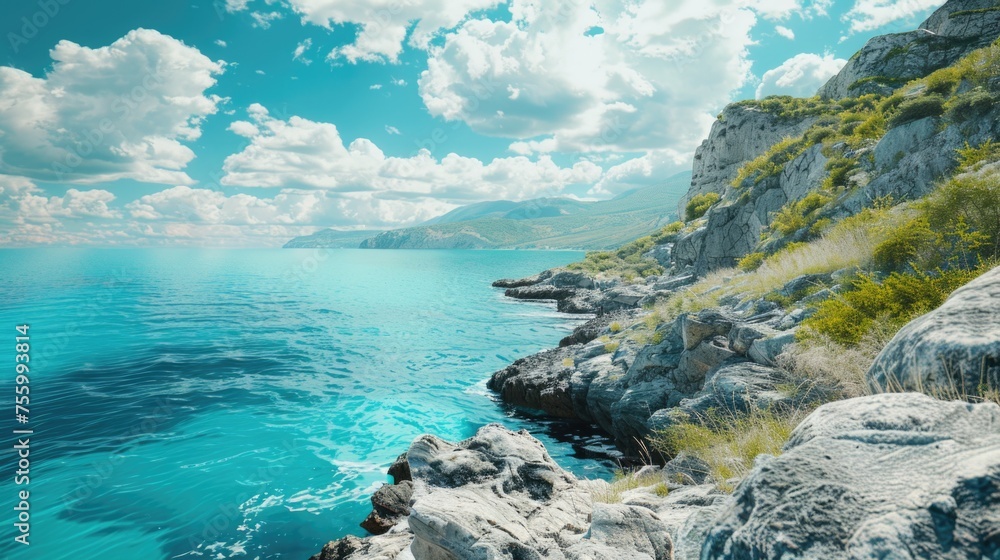 Poster a stunning view of the ocean from a high cliff. perfect for travel and nature concepts.