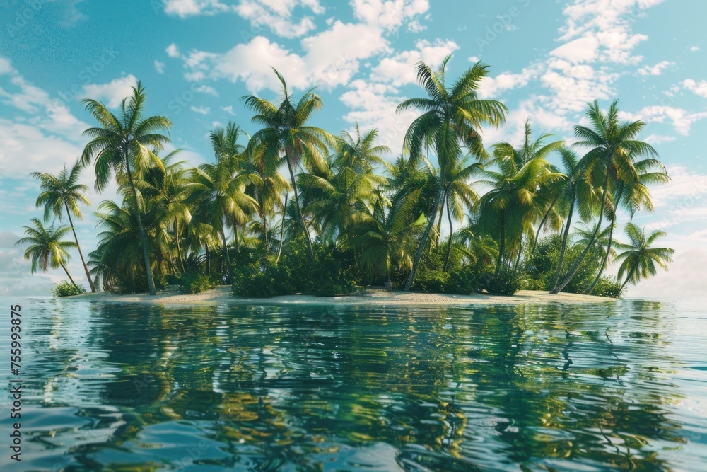Poster a serene small island surrounded by palm trees in the middle of the ocean. ideal for travel and vaca