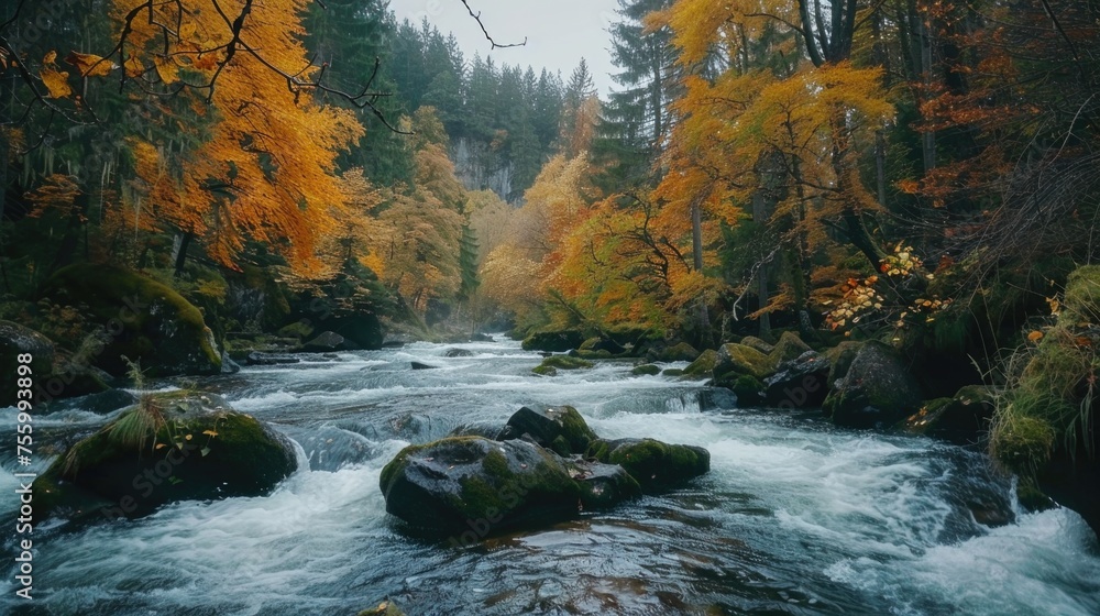 Poster a scenic view of a river flowing through a lush forest. suitable for nature-themed projects.