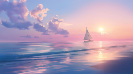 Serene Sailing Boat at Sunrise, Calm Sea, Pastel Sky