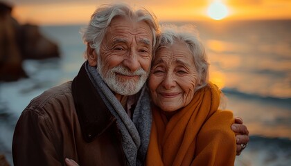 A very happy elderly couple embracing each other tightly on a beach at sunset.